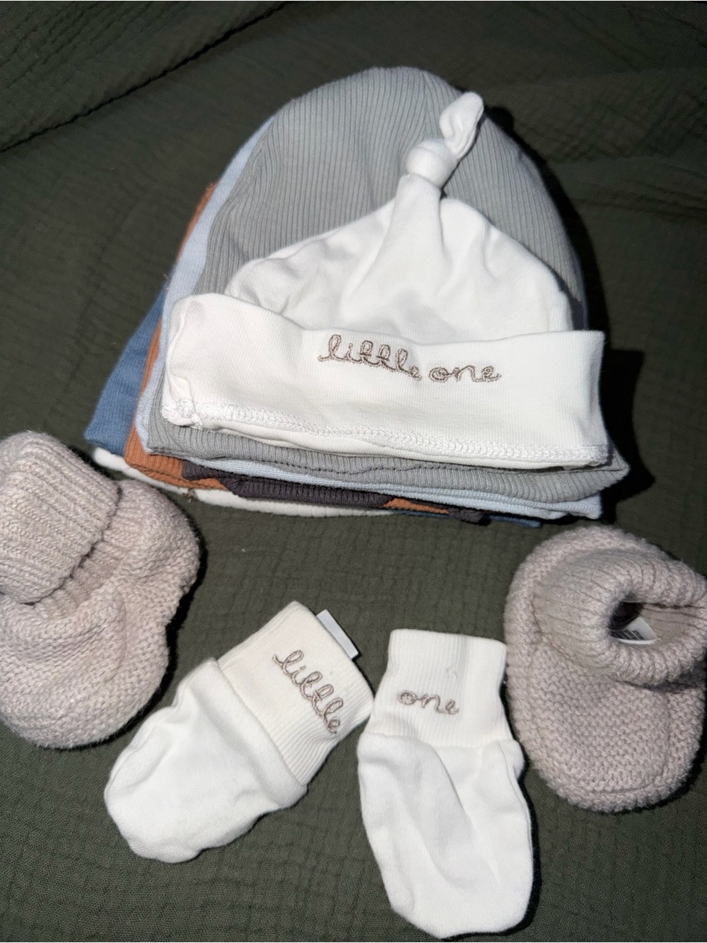 Baby Knotted Hat, Socks & Booties Set - White & Neutral "Little One"